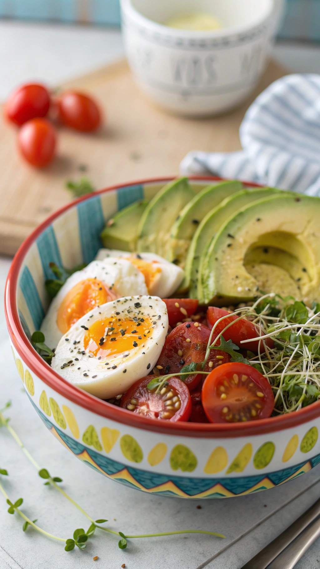 A colorful avocado and egg breakfast bowl with sliced avocado, soft-boiled eggs, cherry tomatoes, and microgreens.