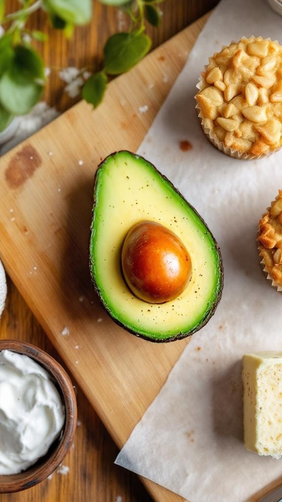 A halved avocado on a wooden board with baked goods in the background