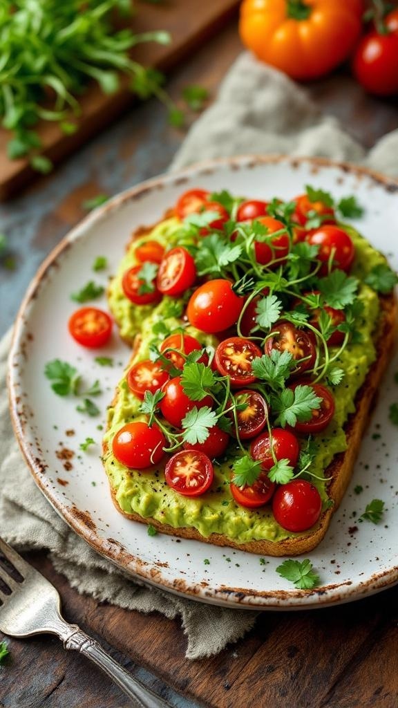 A plate of avocado toast topped with cherry tomatoes and fresh herbs.