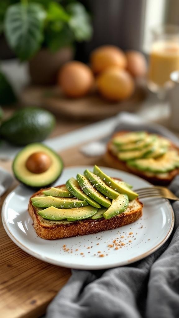 A plate with avocado toast topped with sliced avocados, surrounded by fresh avocados, eggs, and oranges.