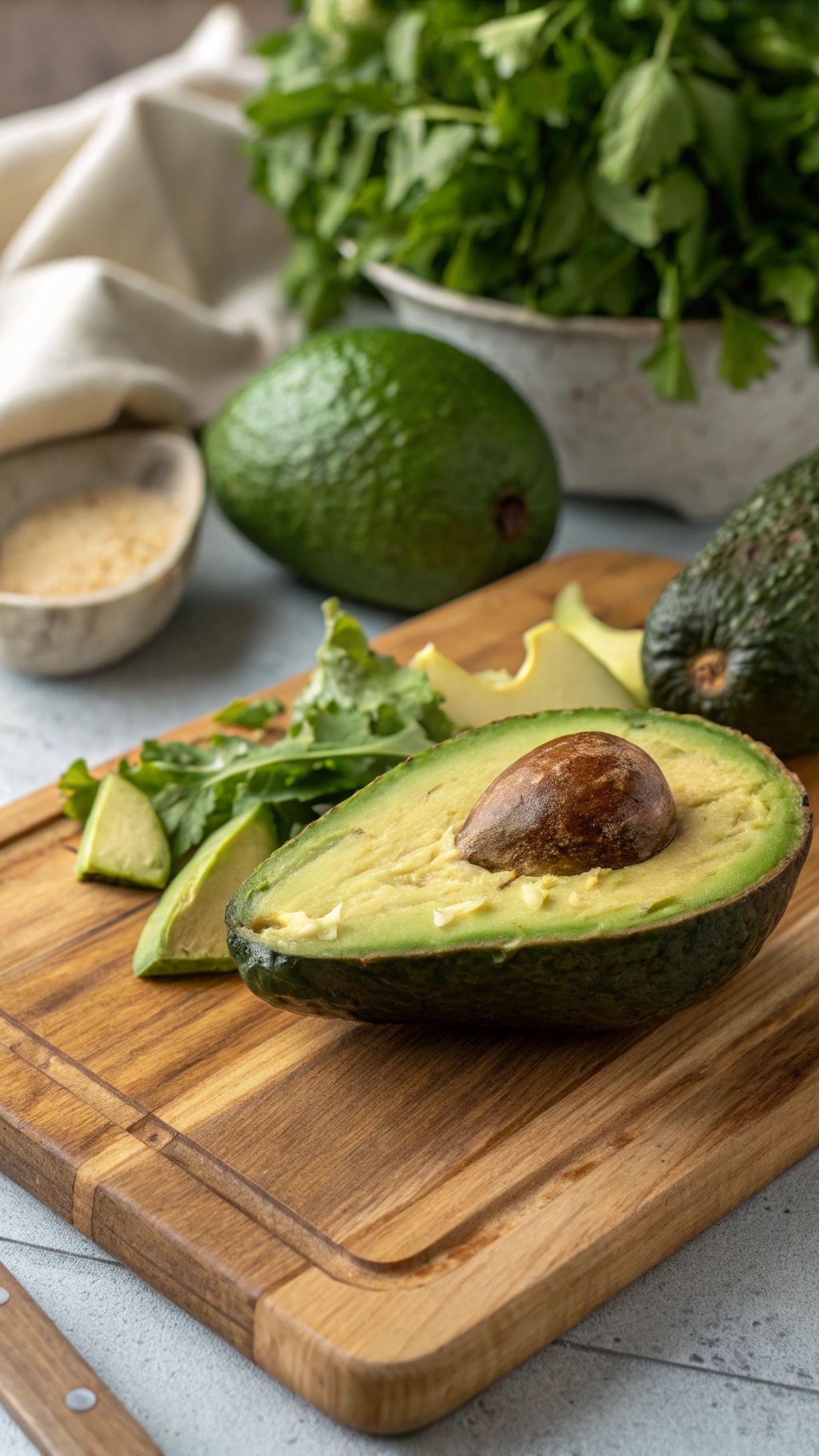 A sliced avocado on a wooden cutting board with cilantro and lime in the background