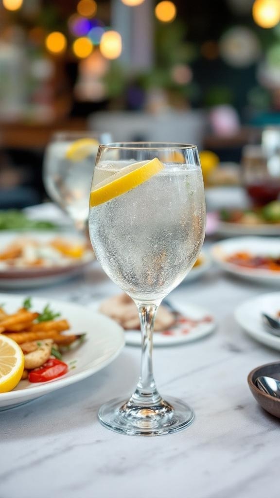 A glass of sparkling water with a lemon slice, surrounded by plates of food.