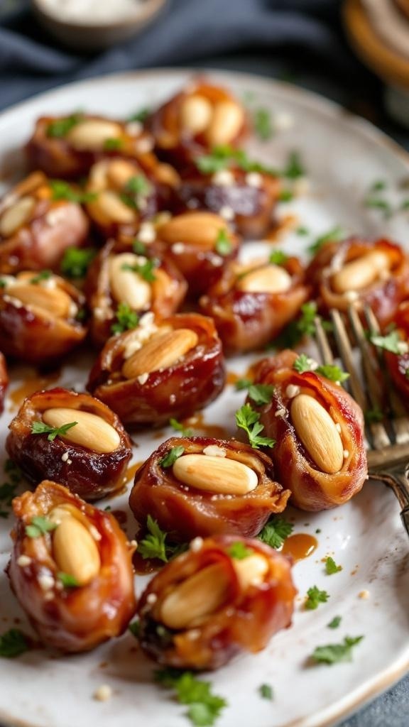 A plate of bacon-wrapped dates with almonds, garnished with parsley.