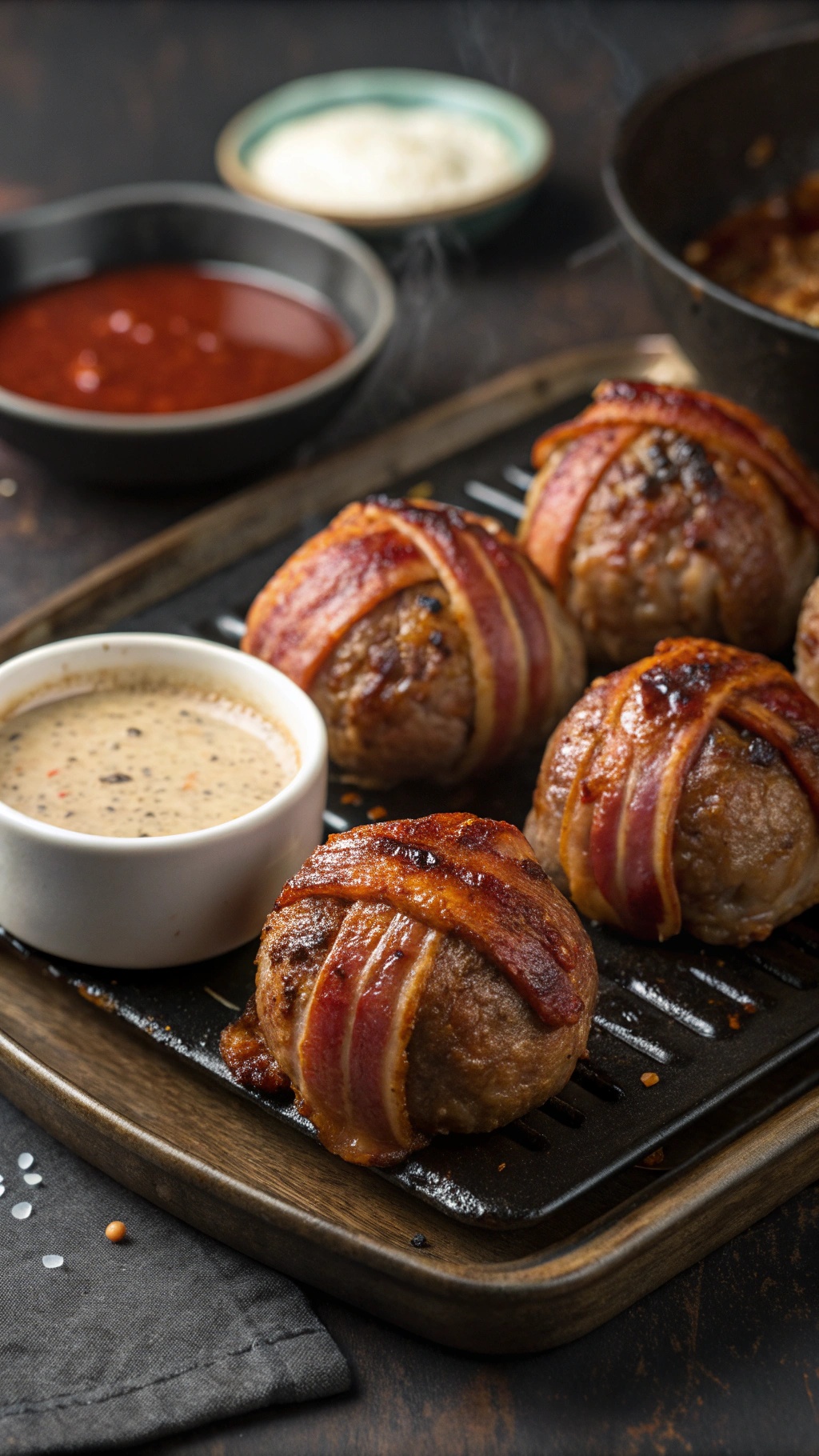 Bacon-wrapped meatballs served with dipping sauce