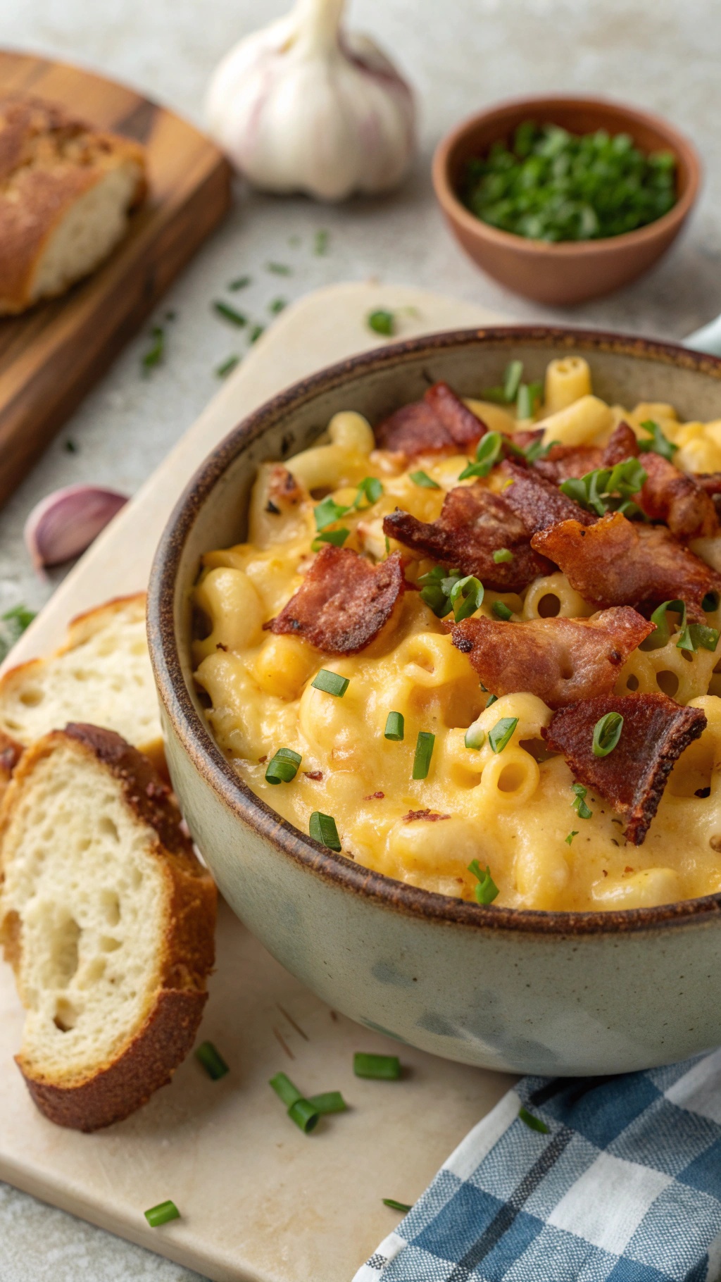 A bowl of bacon and cheddar mac and cheese topped with crispy bacon and chives, served with slices of bread on the side.