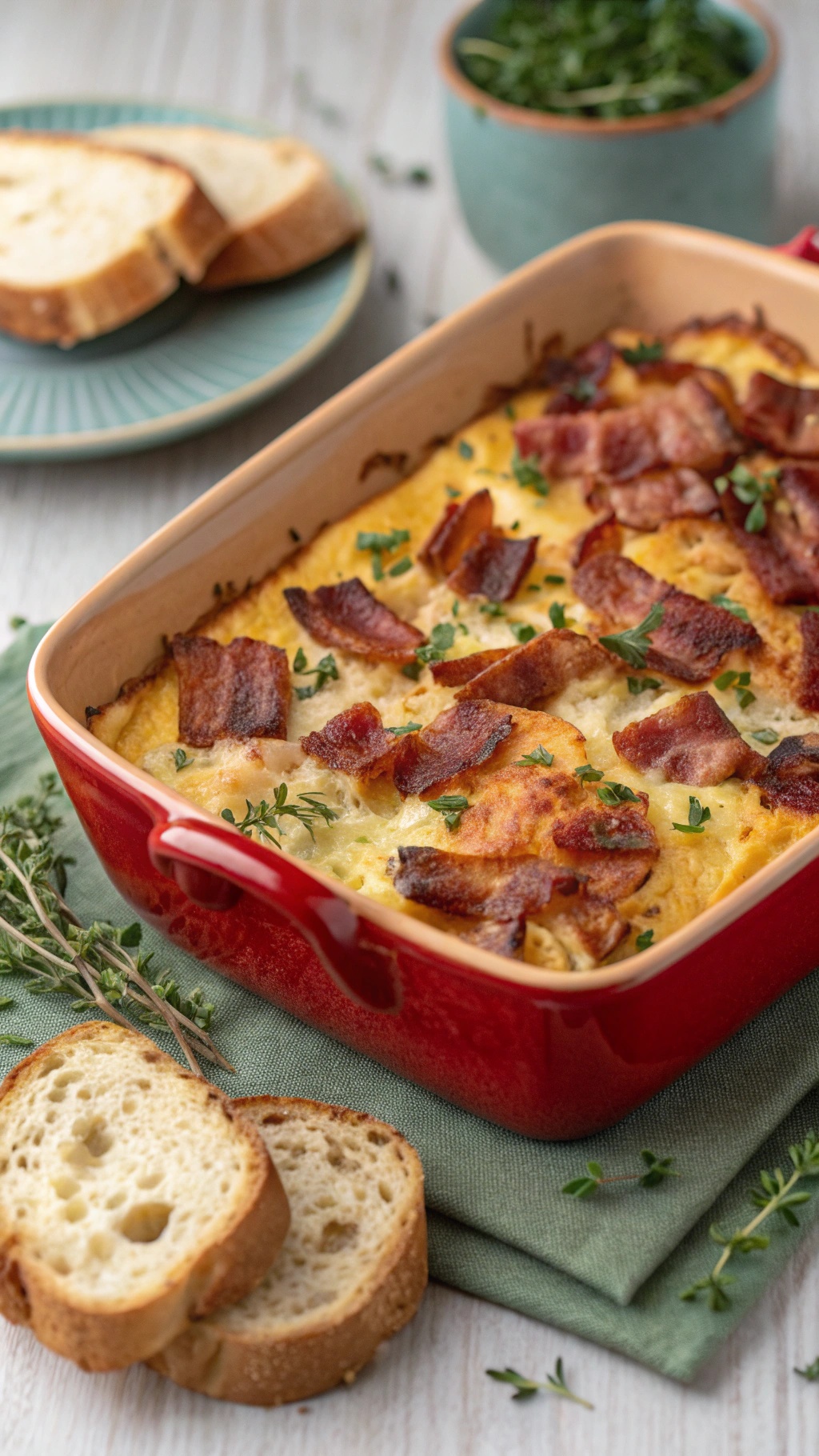 A delicious bacon and cheese breakfast casserole in a red baking dish, garnished with herbs and served with slices of bread.