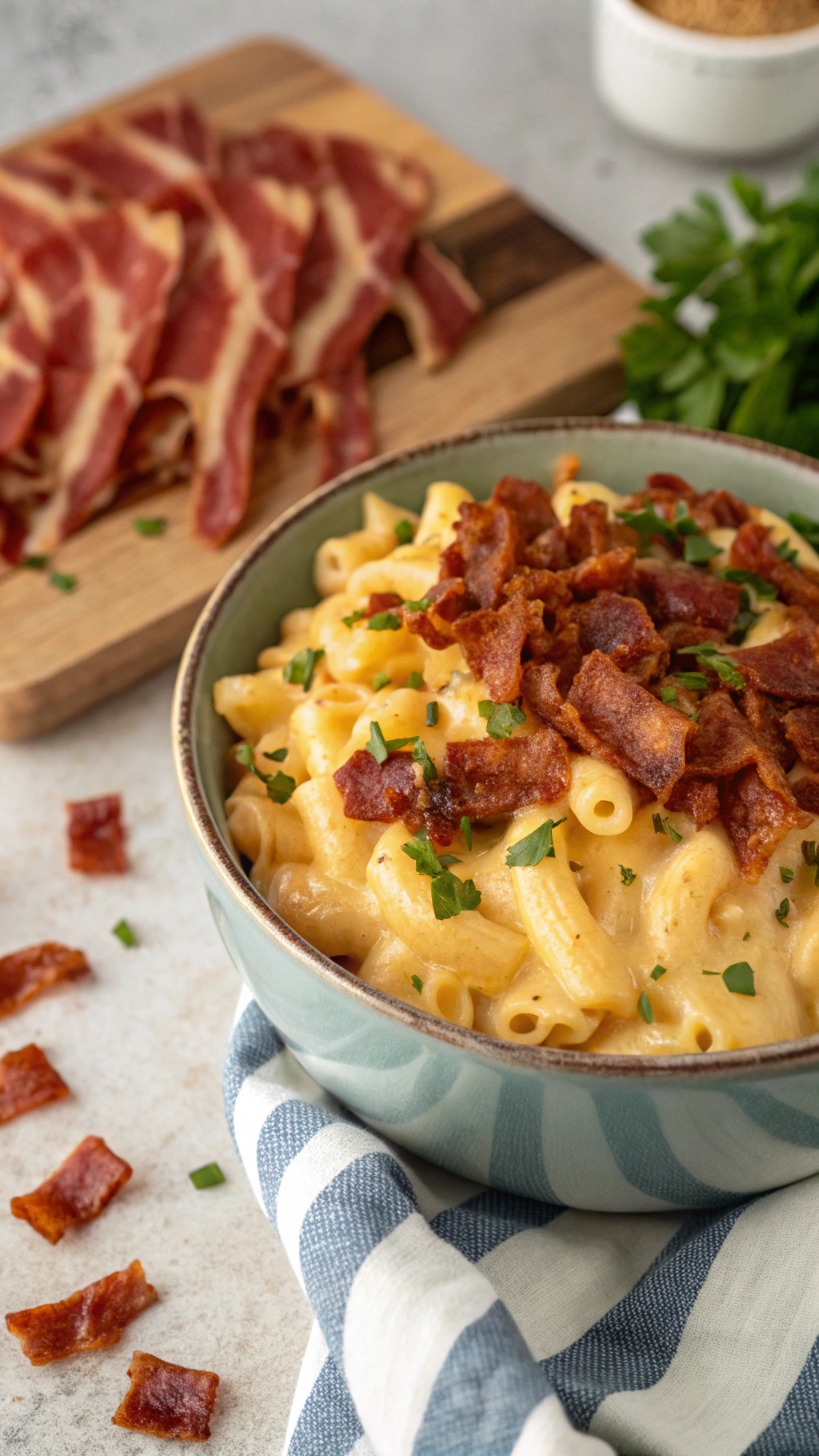 A bowl of creamy macaroni and cheese topped with crispy bacon, with slices of bacon in the background.