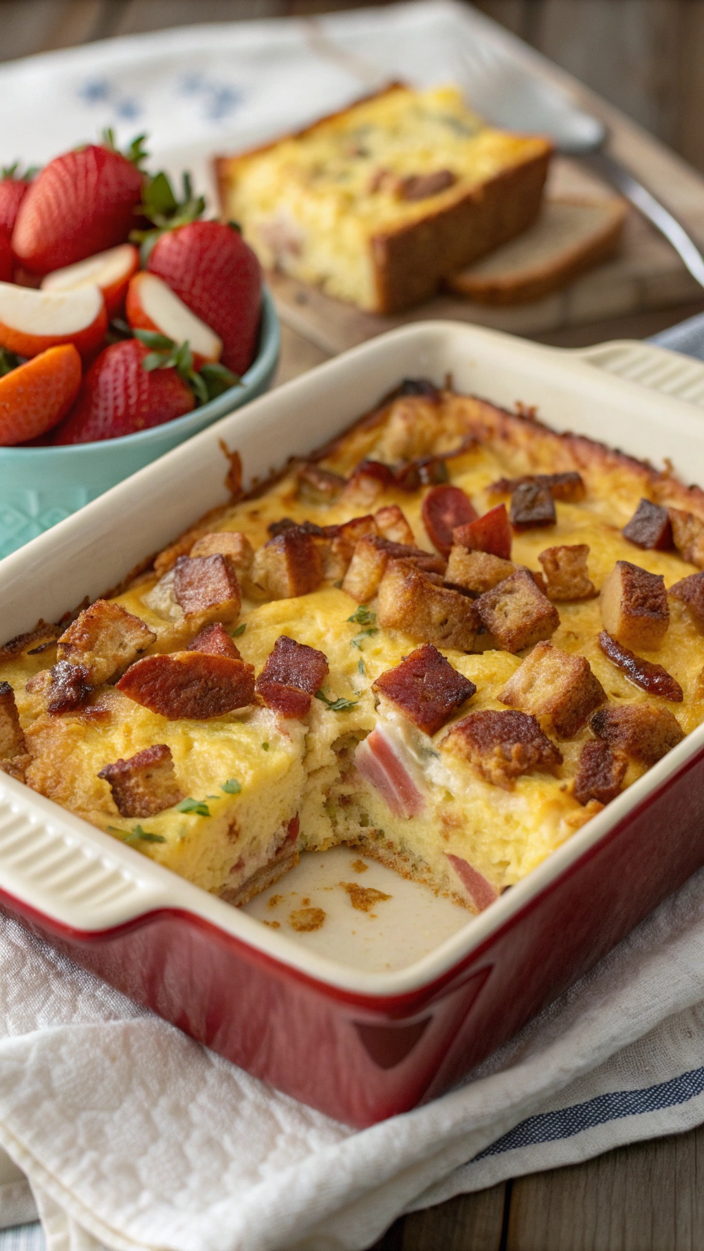 A delicious bacon and egg breakfast casserole topped with crispy bacon pieces, served with a side of fresh strawberries.