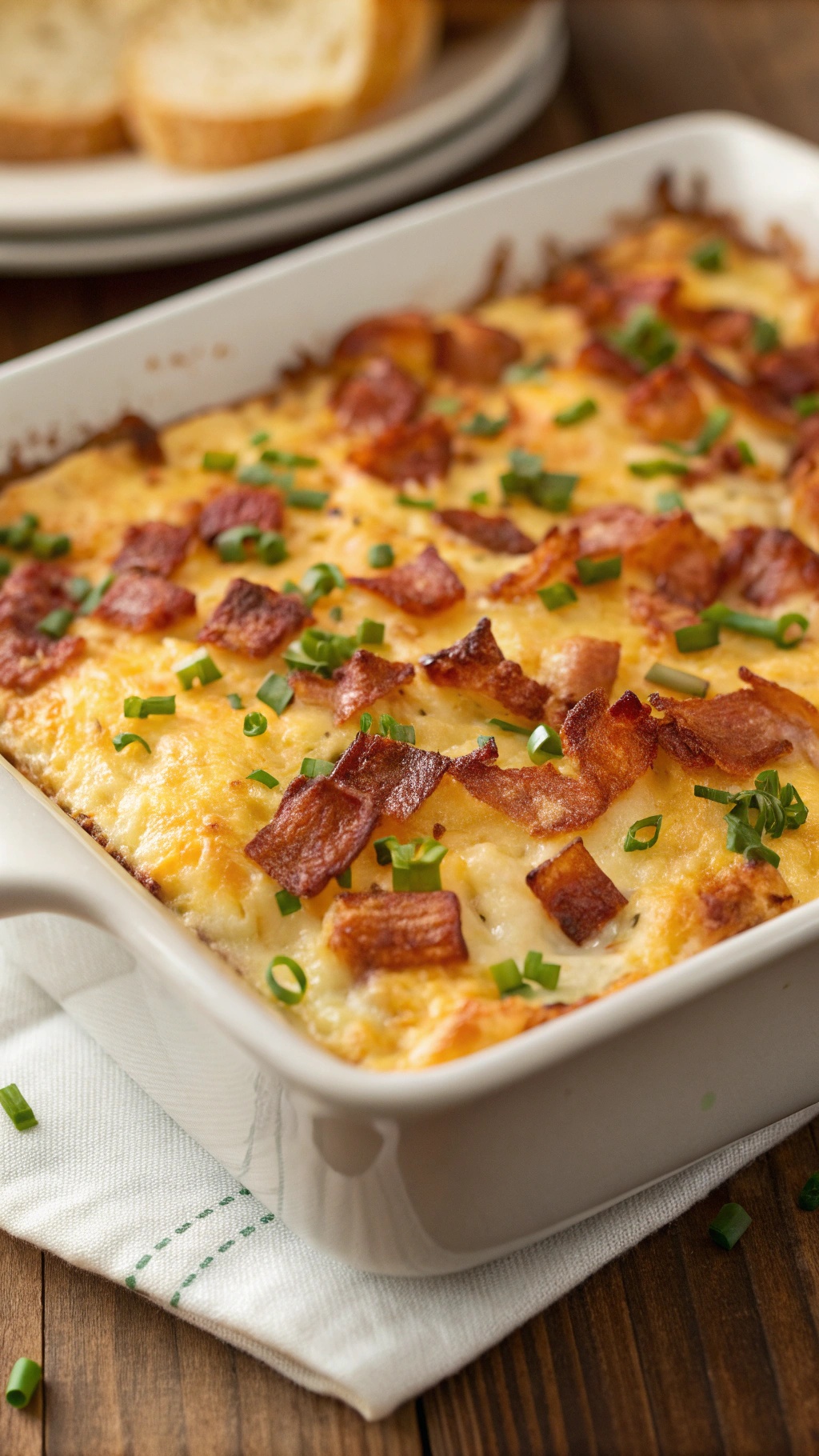 A delicious bacon and egg casserole topped with crispy bacon and green onions, served in a white baking dish.