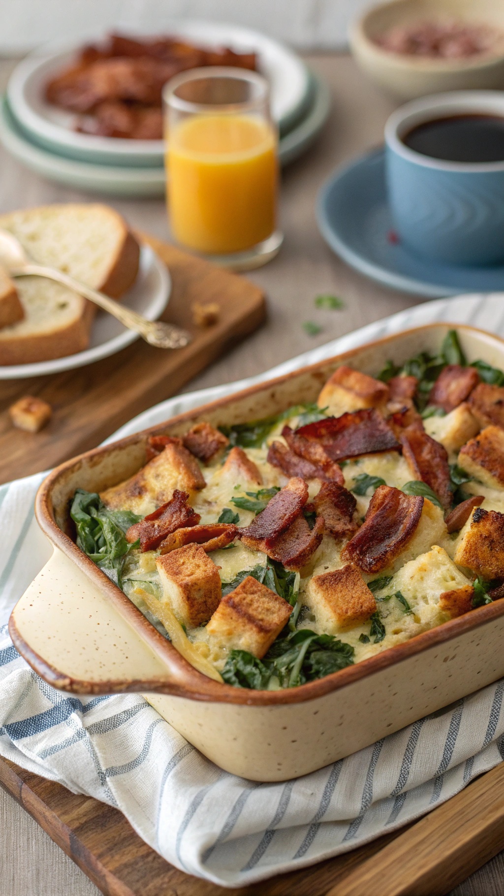 A delicious bacon and spinach breakfast strata in a baking dish, surrounded by breakfast items like orange juice and coffee.