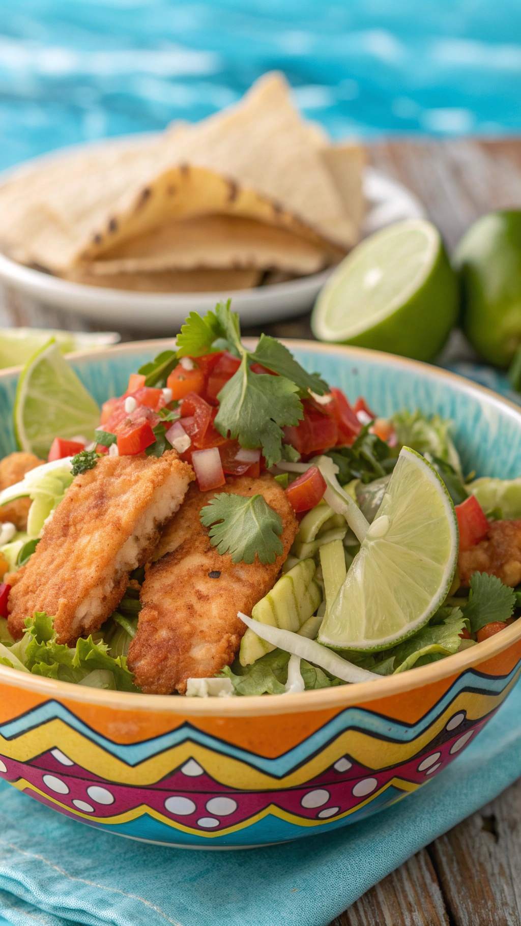 A colorful Baja fish taco salad with crispy fish, fresh vegetables, and lime wedges.