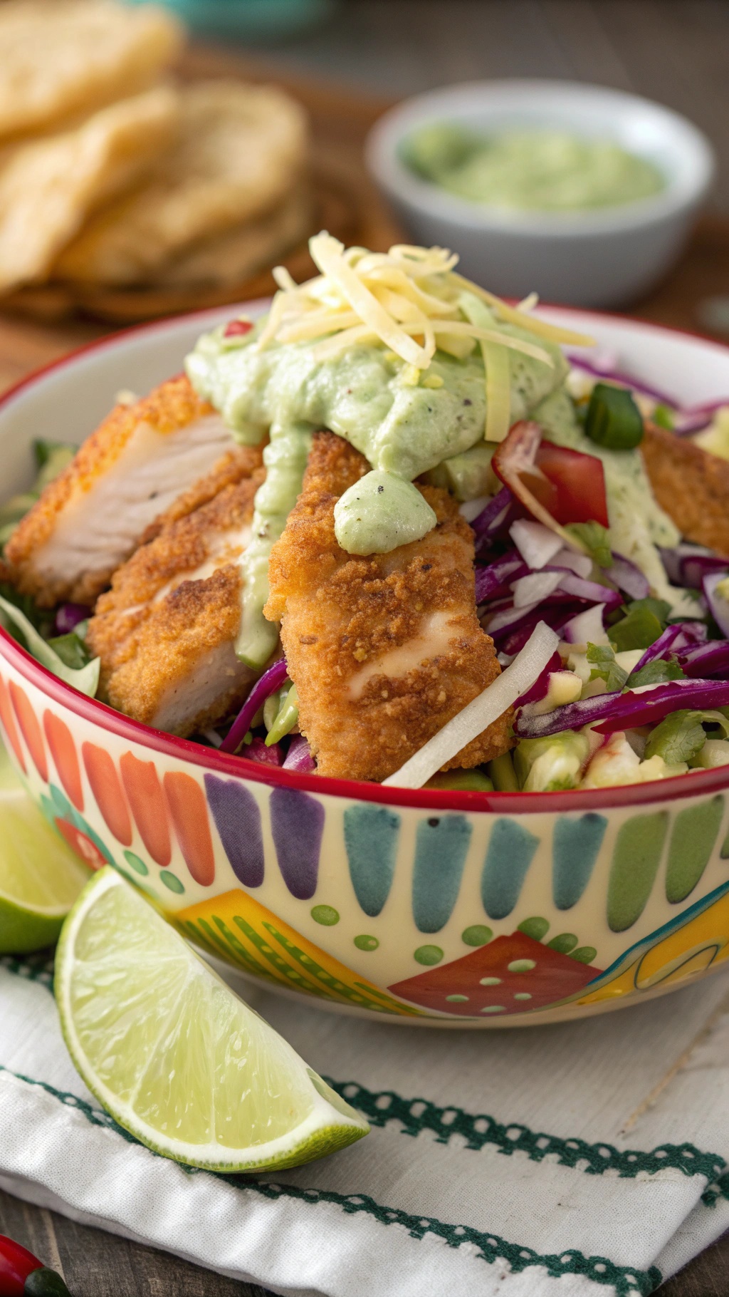 Baja fish taco salad with lime dressing in a colorful bowl, featuring crispy fish, shredded cabbage, and lime wedges.