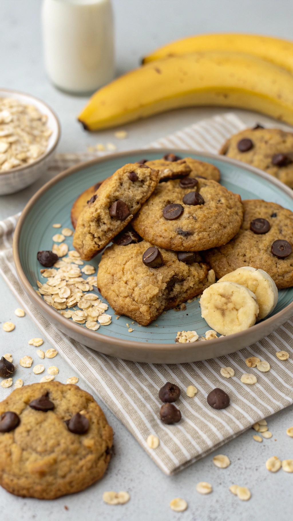 Chewy banana oatmeal cookies on a plate with bananas and oats in the background.