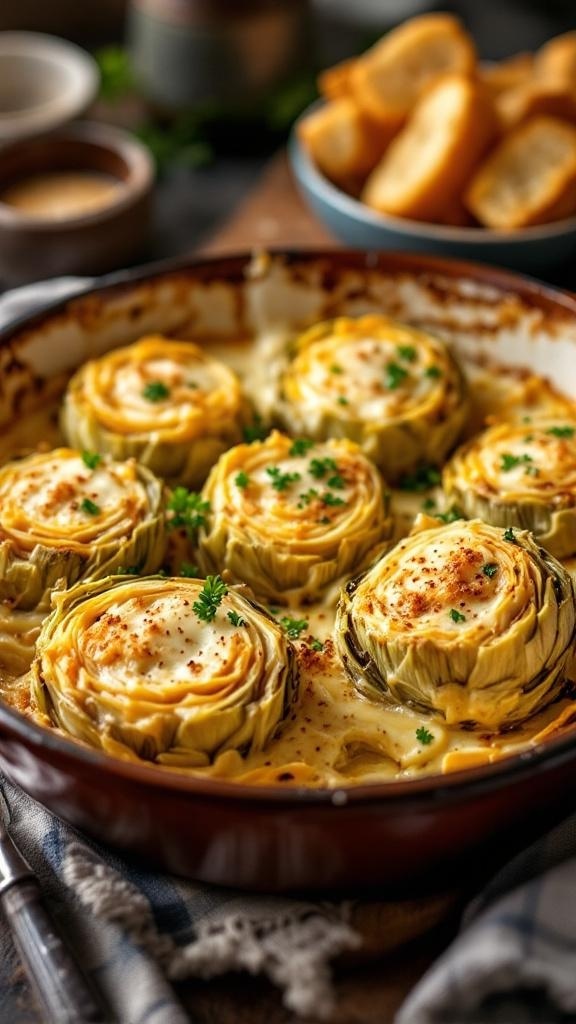 Baked artichokes topped with cheese in a baking dish, with toasted bread in the background.