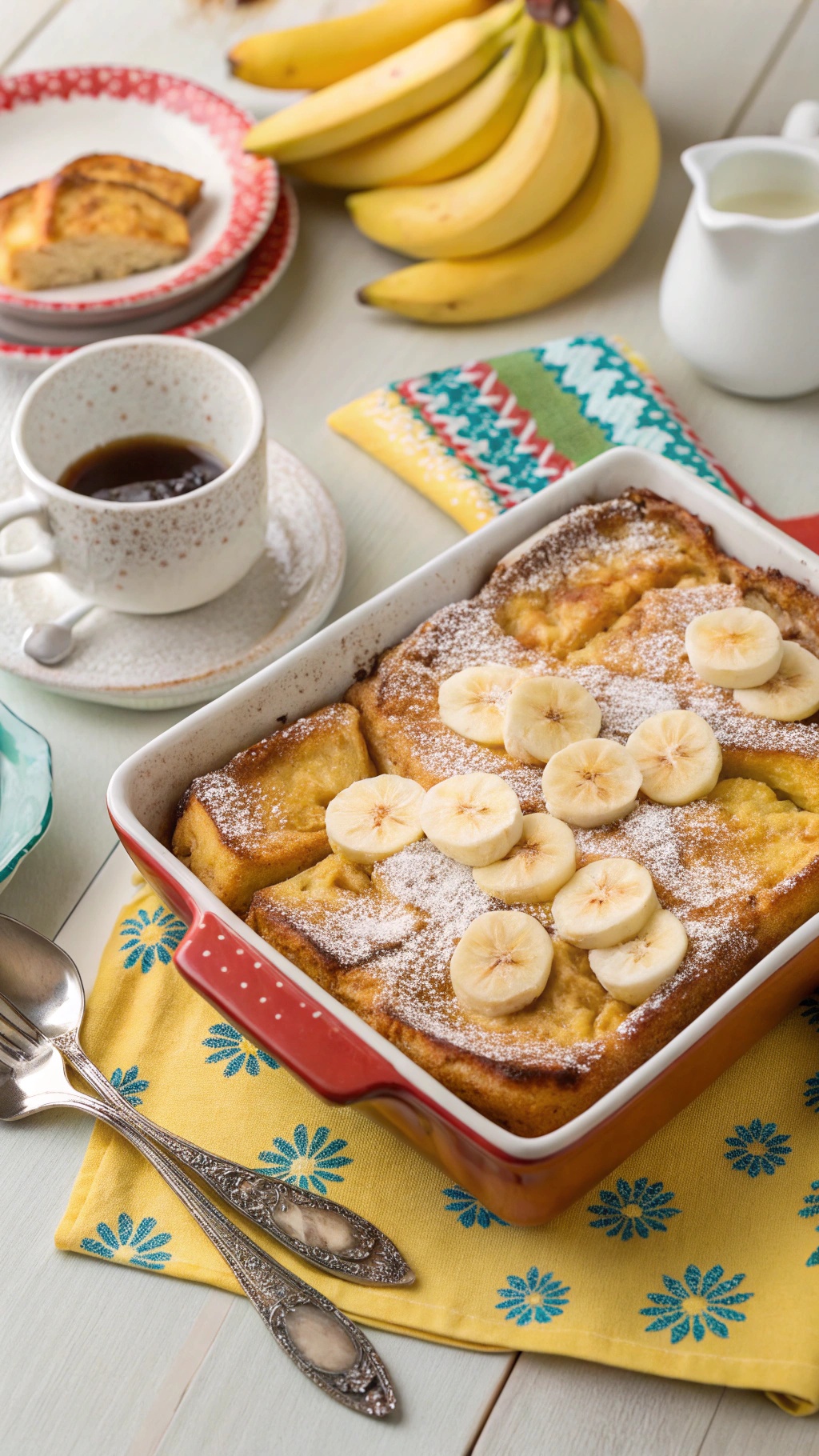 Baked Banana French Toast Casserole with banana slices on top, served with coffee and a colorful table setting.