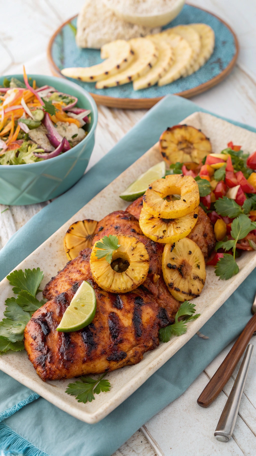 Baked BBQ chicken with pineapple slices, garnished with lime and cilantro, served with a salad and fresh pineapple.
