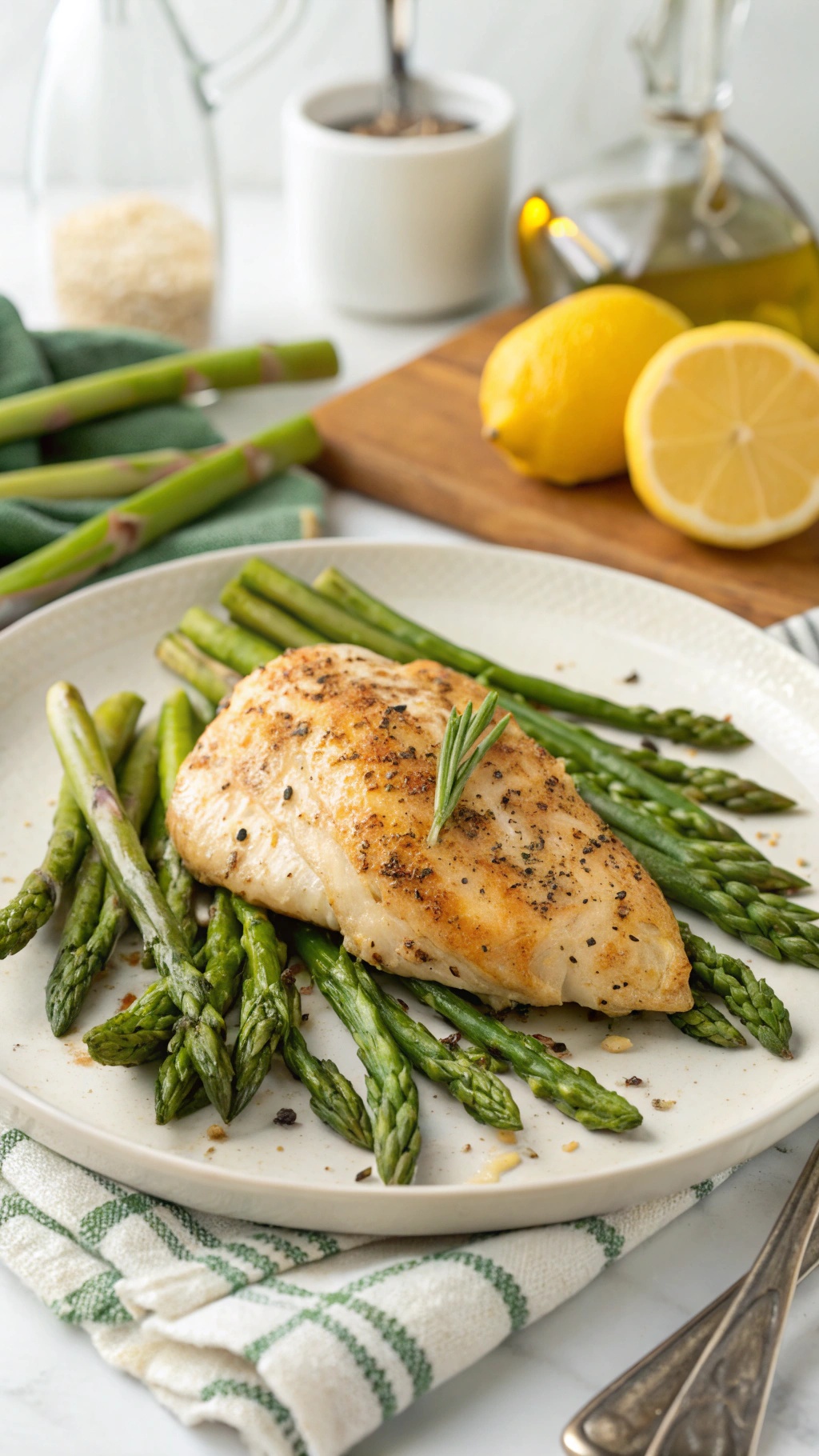 Baked chicken breast served with asparagus and lemon on a plate