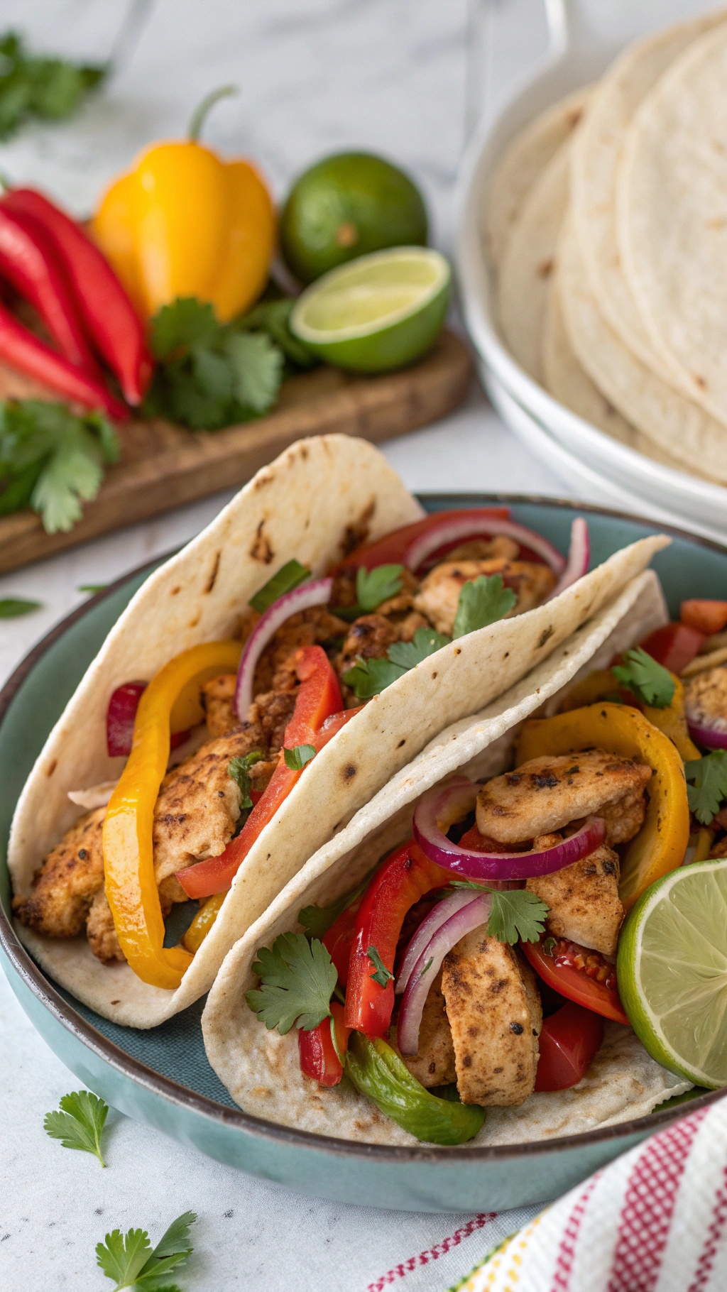 Baked chicken fajitas with colorful bell peppers and onions, served in soft tortillas with lime and cilantro.