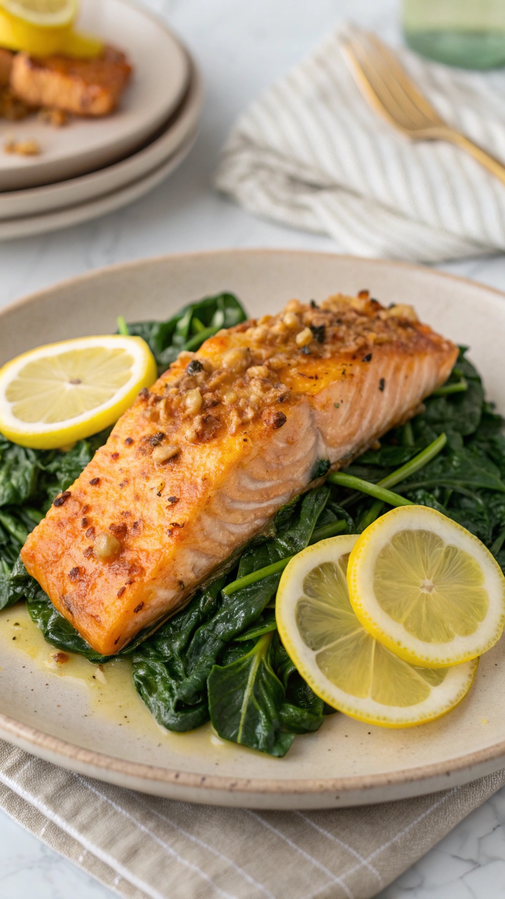 Baked salmon fillet with Dijon mustard on a bed of spinach, garnished with lemon slices.