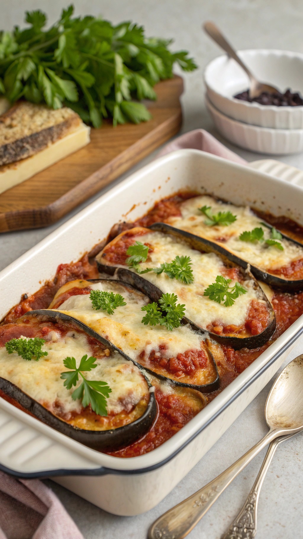 Baked eggplant with cheese topped with parsley in a baking dish