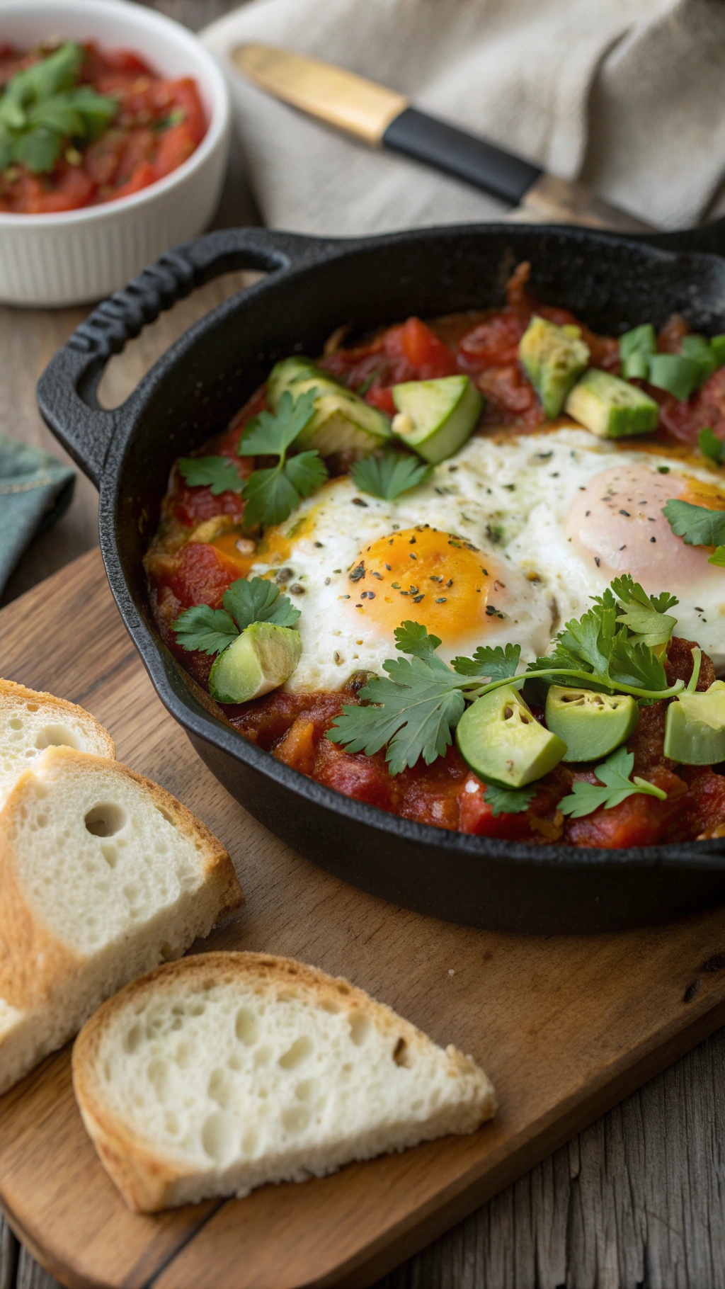Baked eggs with tomato and avocado salsa in a skillet, garnished with cilantro and served with toasted bread.
