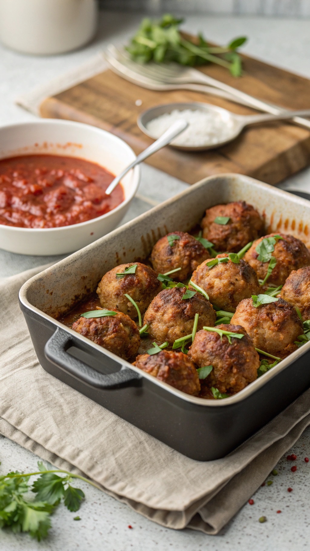 Baked meatballs in a dish with tomato sauce and fresh herbs