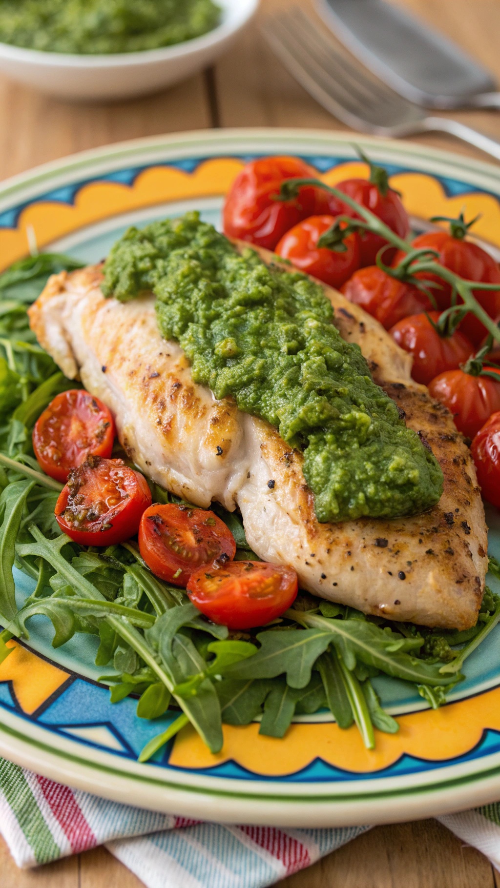 Baked pesto chicken served with cherry tomatoes and arugula