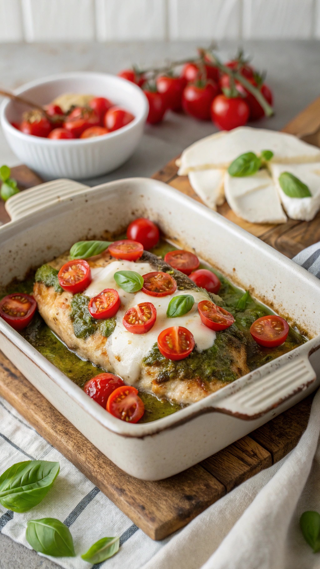 Baked Pesto Chicken with Tomatoes in a baking dish, topped with mozzarella and fresh basil.