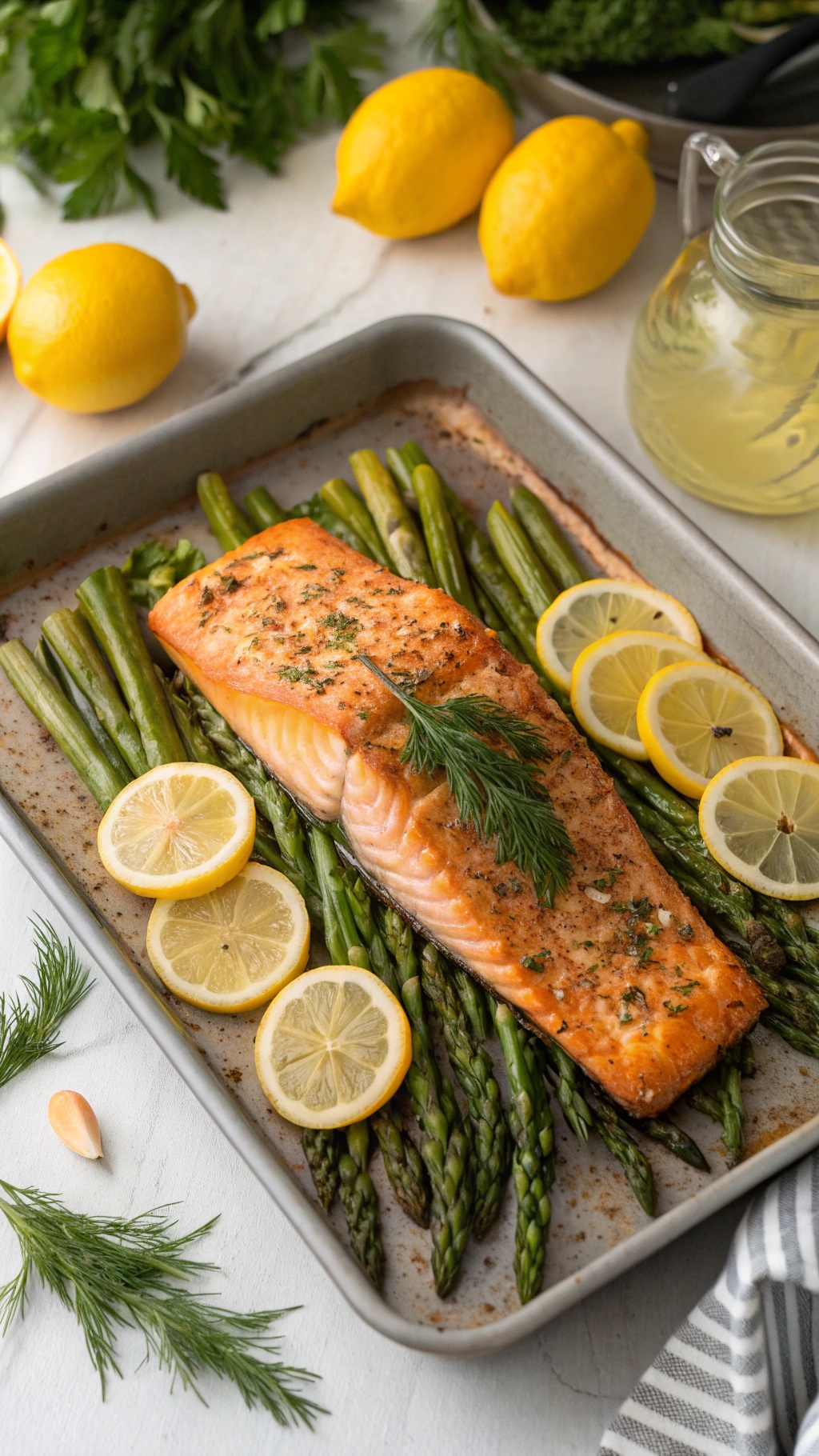 Baked salmon with asparagus and lemon on a baking tray