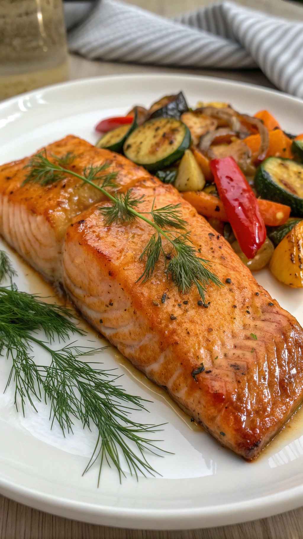 Baked salmon fillet with Dijon mustard and honey glaze, served with colorful roasted vegetables.