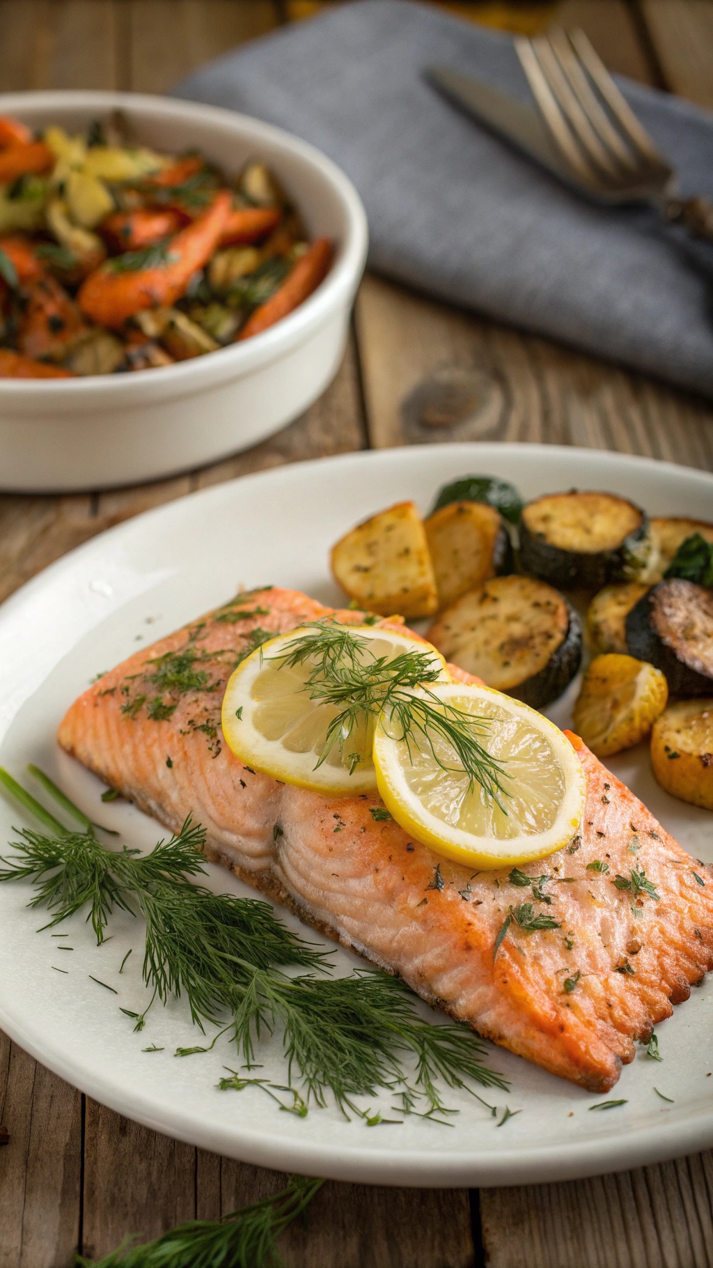 Baked salmon with dill and lemon served with roasted vegetables.