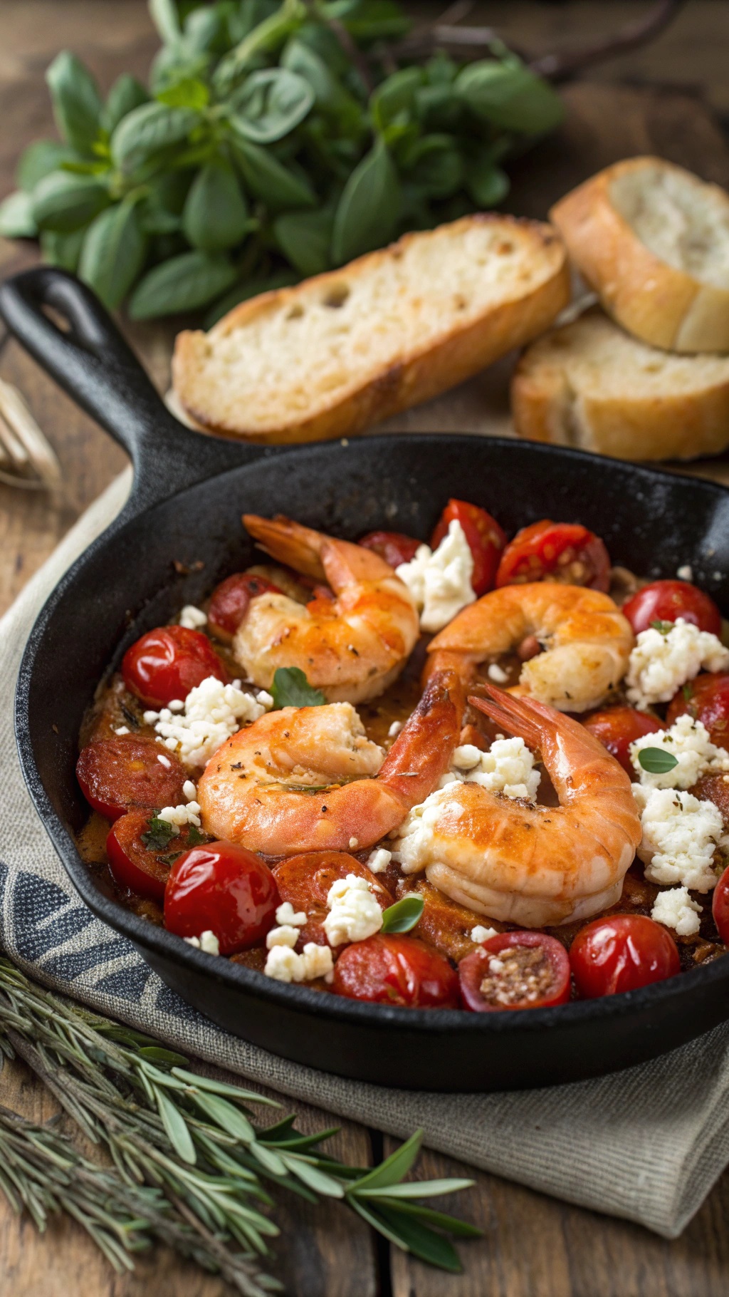 A skillet with baked shrimp, feta cheese, and cherry tomatoes, garnished with herbs and served with bread.