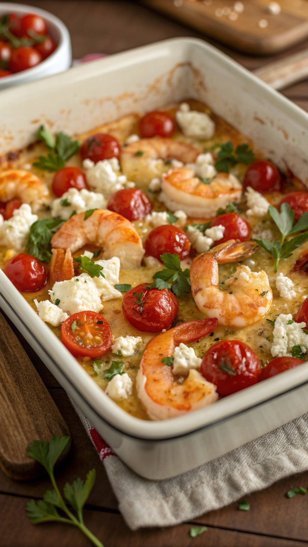 Baked shrimp with feta and tomatoes in a baking dish, garnished with parsley.