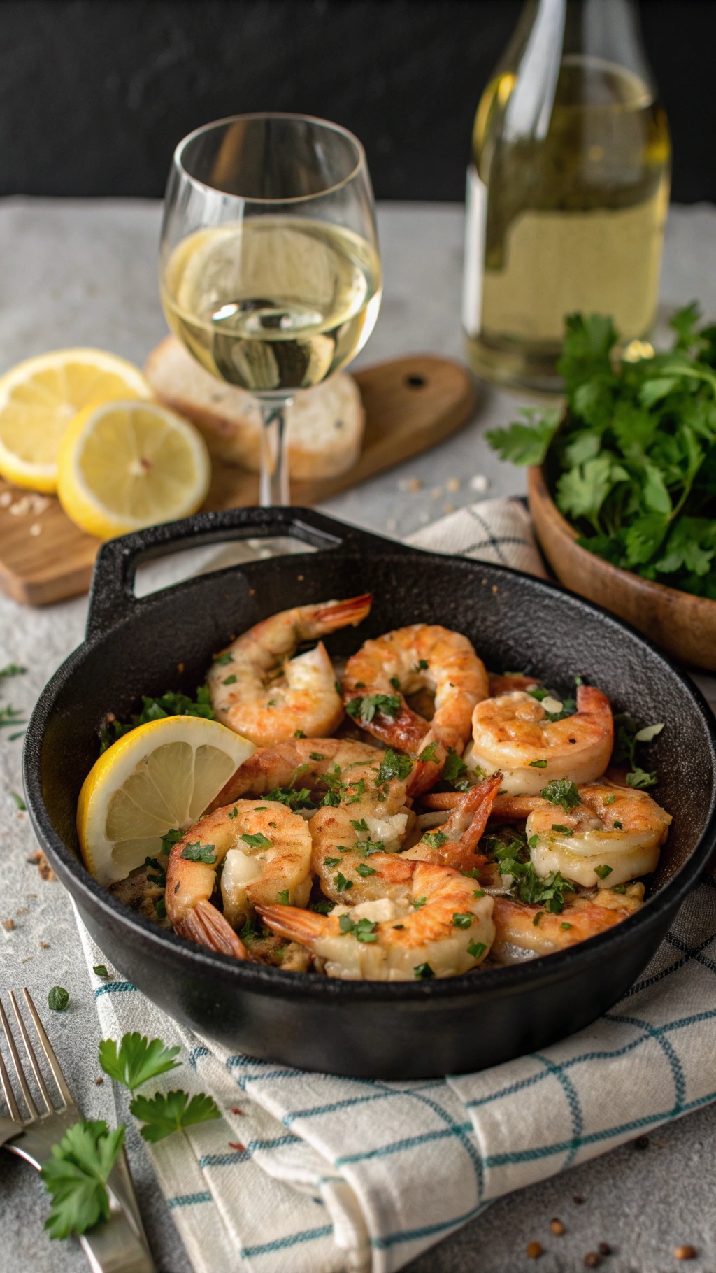 Baked shrimp with garlic and herbs in a cast-iron skillet, garnished with lemon slices and fresh cilantro.