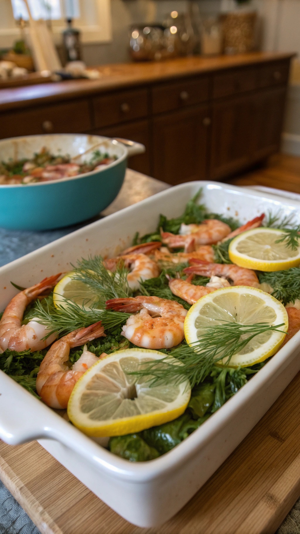 Baked shrimp with lemon and dill on a bed of greens in a white baking dish