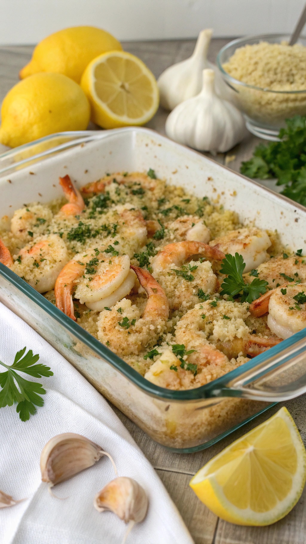 Baked shrimp with lemon and garlic in a glass dish, garnished with parsley and served with lemon slices.