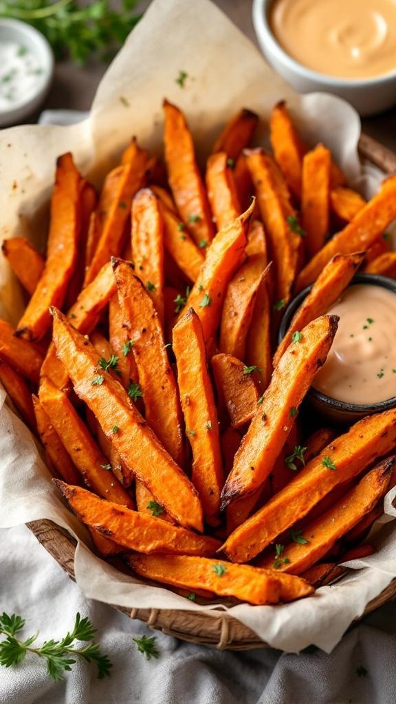 A basket of golden baked sweet potato fries garnished with herbs, served with dipping sauces.