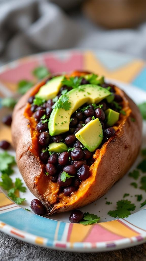 Baked sweet potato stuffed with black beans and topped with avocado slices and cilantro on a colorful plate.