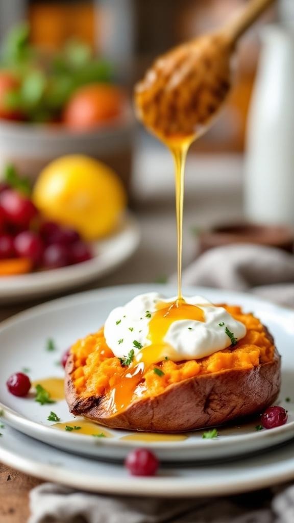 Baked sweet potato topped with Greek yogurt and honey, garnished with herbs.