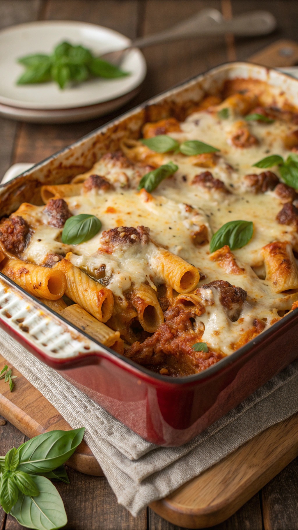 A delicious baked ziti with sausage and cheese, topped with fresh basil leaves.