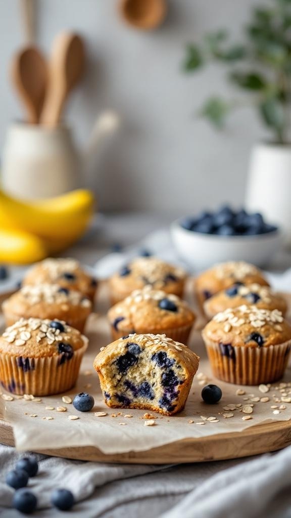 A plate of freshly baked vegan blueberry muffins with oats on top, some muffins cut in half to show the blueberry filling.