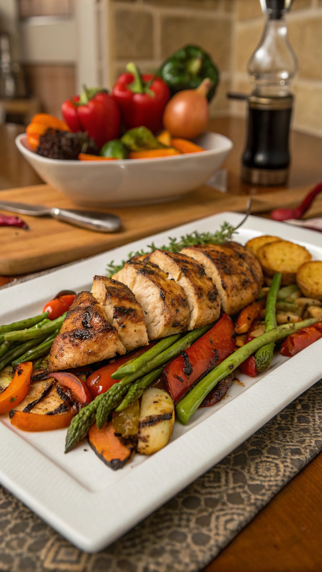 Balsamic chicken served with roasted vegetables including bell peppers, asparagus, and potatoes.