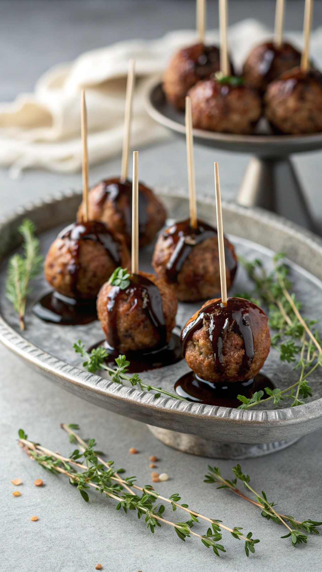Balsamic glazed beef meatballs on a serving platter with fresh herbs