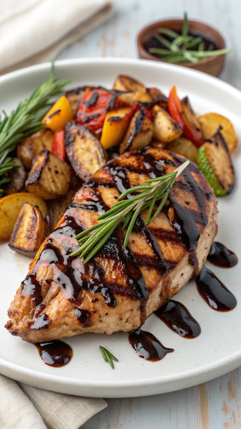 Balsamic glazed chicken served with grilled vegetables on a plate.