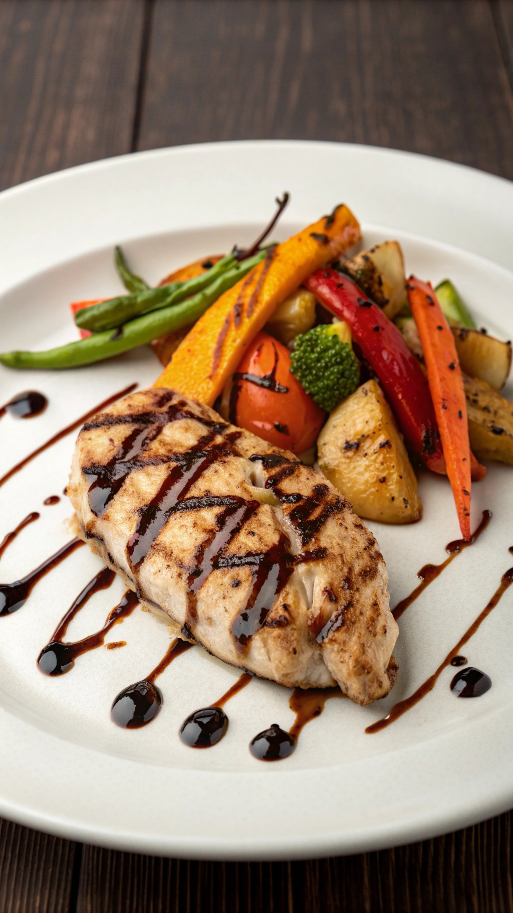 Grilled chicken breast with balsamic glaze and colorful grilled vegetables on a plate