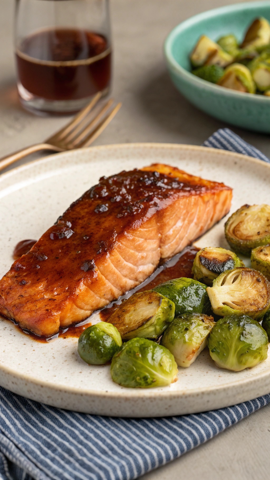 Balsamic glazed salmon fillet served with roasted Brussels sprouts on a plate.