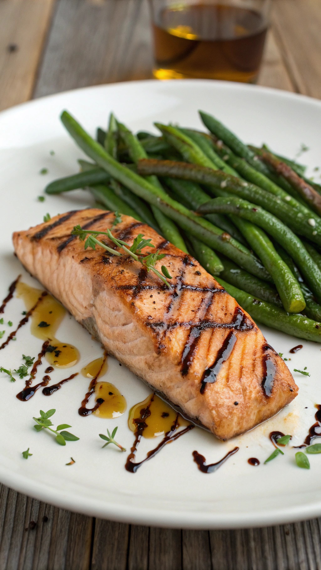 Balsamic glazed salmon fillet with green beans on a plate
