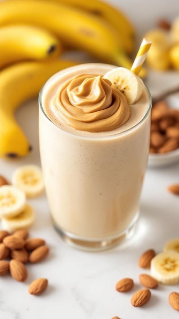 A delicious banana almond butter smoothie topped with a swirl of almond butter and banana slices, surrounded by fresh bananas and almonds.