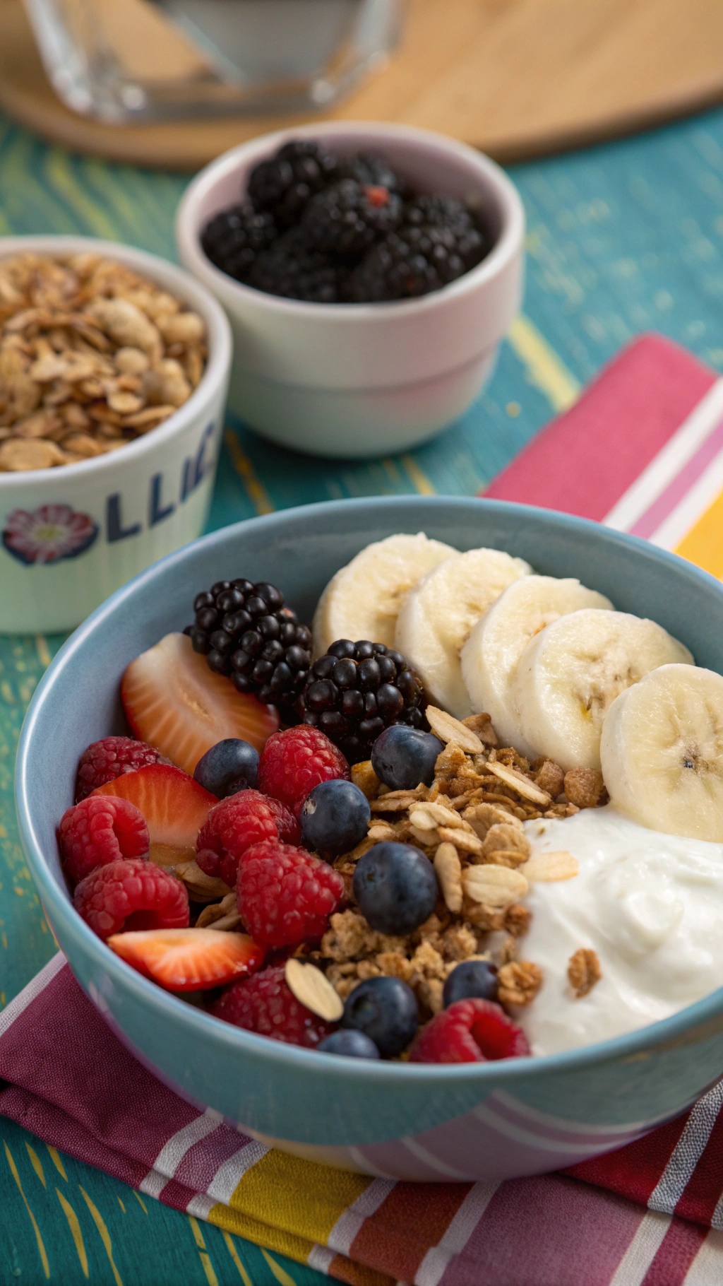 A colorful banana and berry protein bowl with yogurt, granola, and fresh fruits.