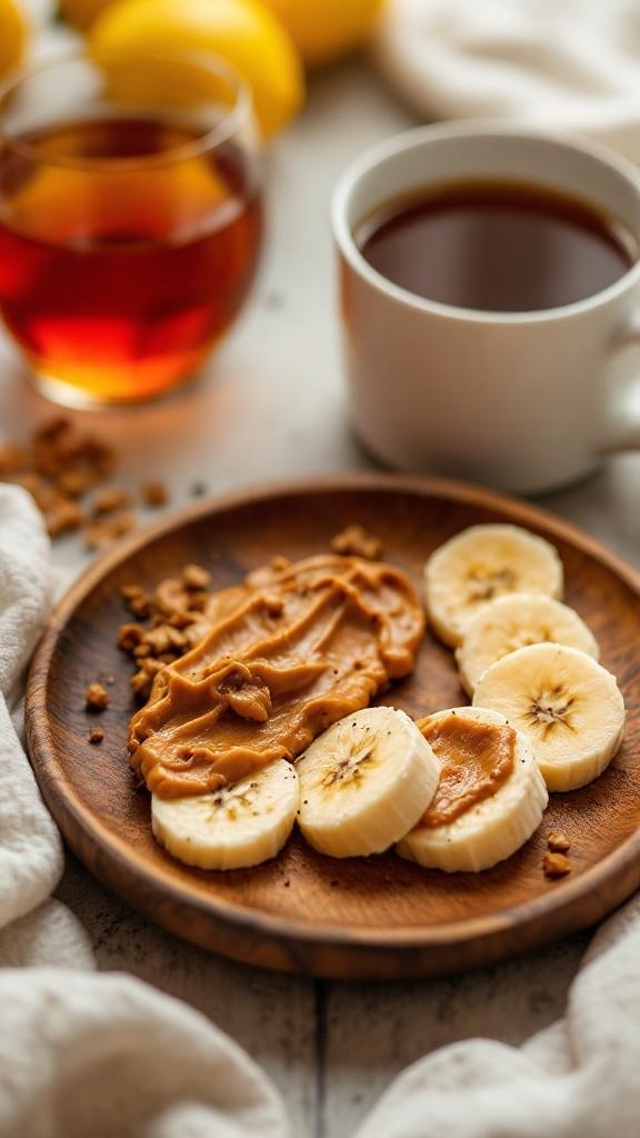 A wooden plate with sliced bananas and nut butter, accompanied by a cup of tea and a cozy setting.